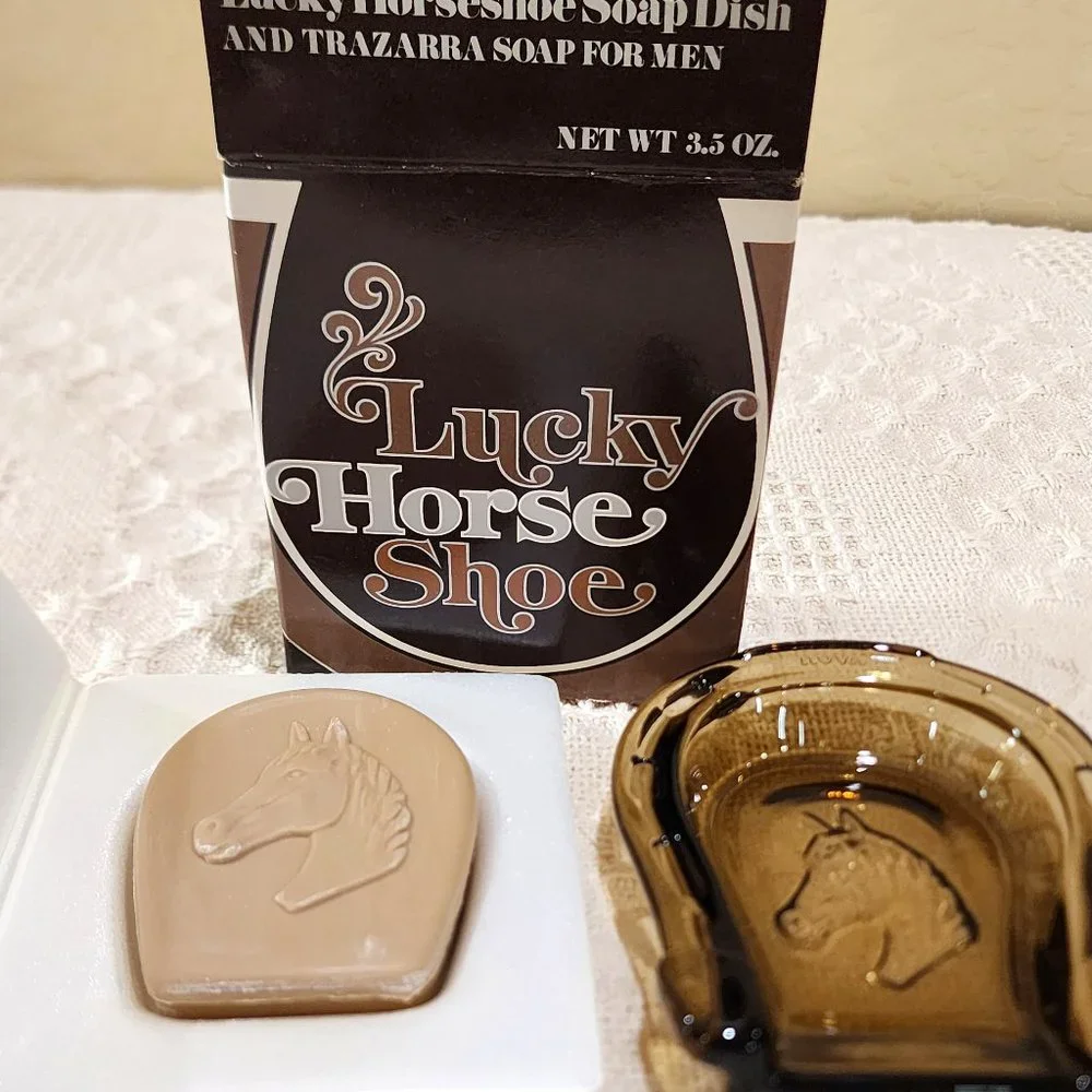 MCM Avon Lucky Horseshoe Glass Soap Dish + Scented Trazarra Horse Bar Soap
